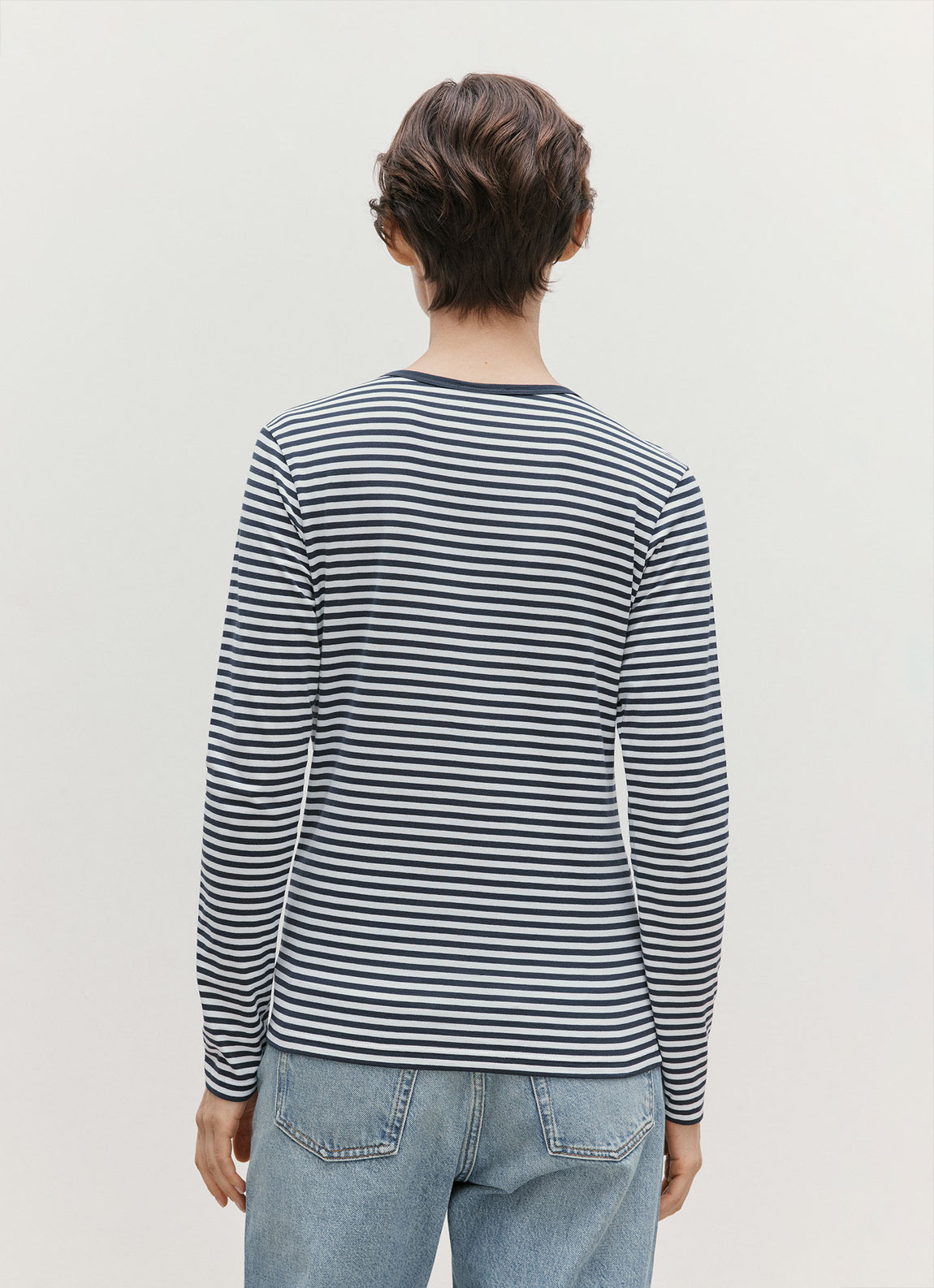 Women's Long Sleeve Classic T-shirt in White/Navy English Stripe