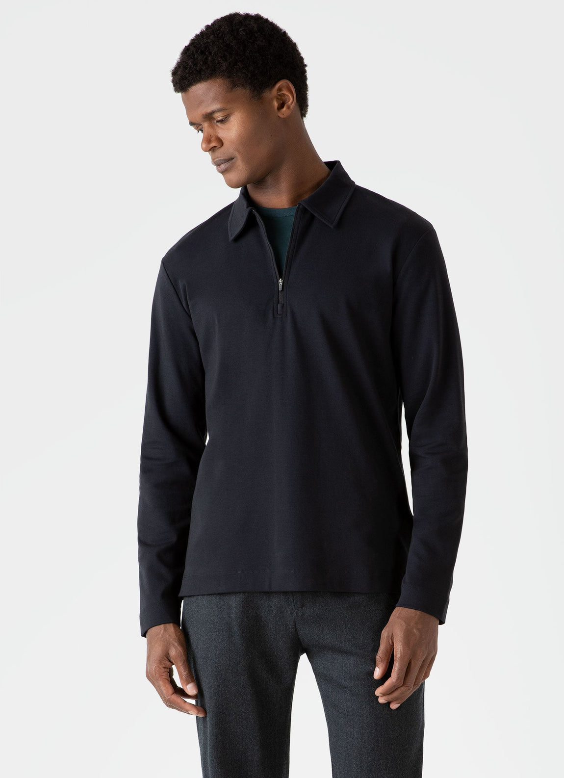 Men's Brushed Cotton Long Sleeve Polo Shirt in Black