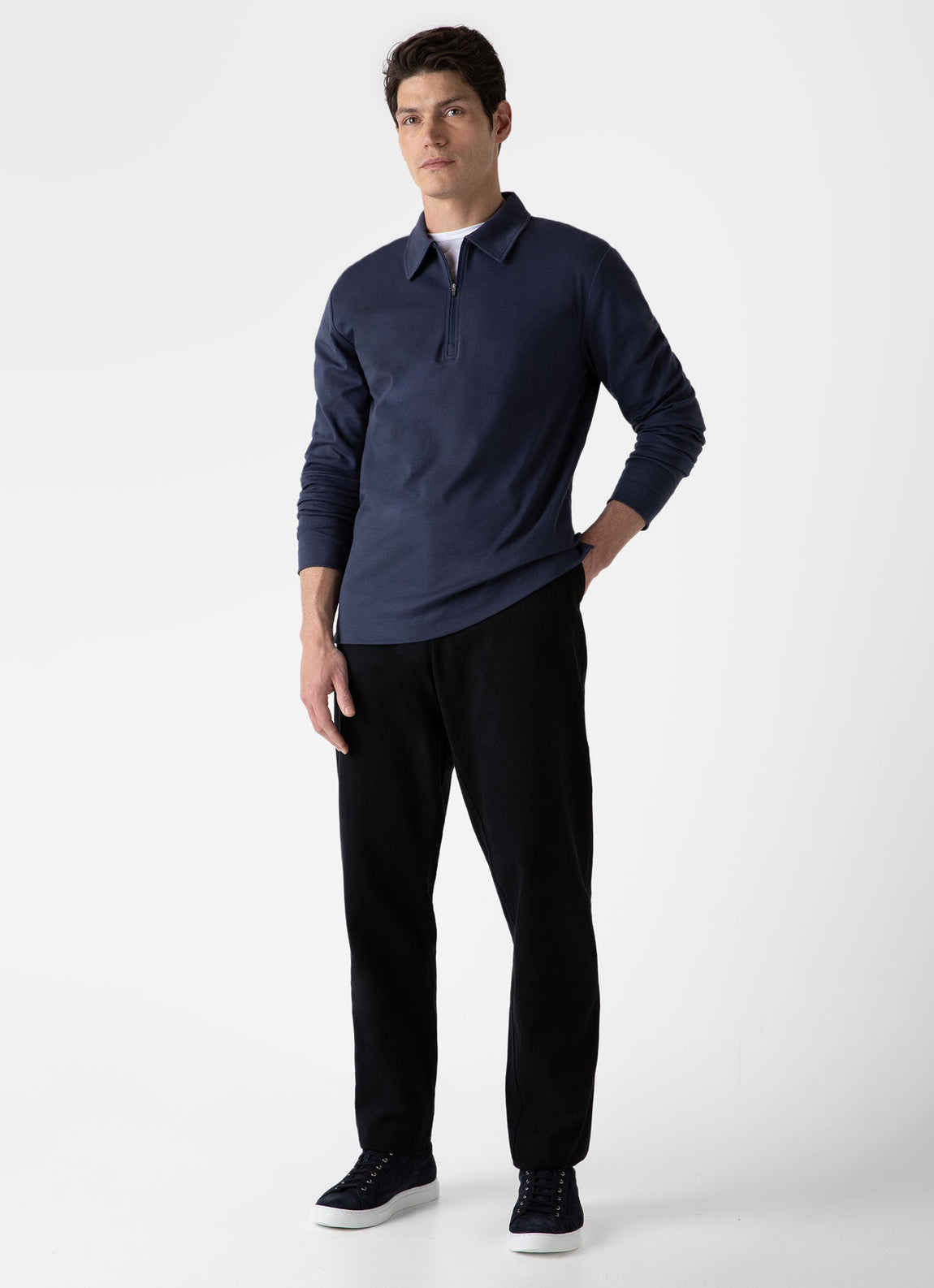 Men's Brushed Cotton Long Sleeve Polo Shirt in Navy