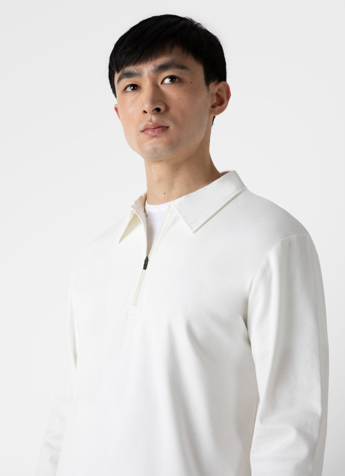 Men's Brushed Cotton Long Sleeve Polo Shirt in Ecru