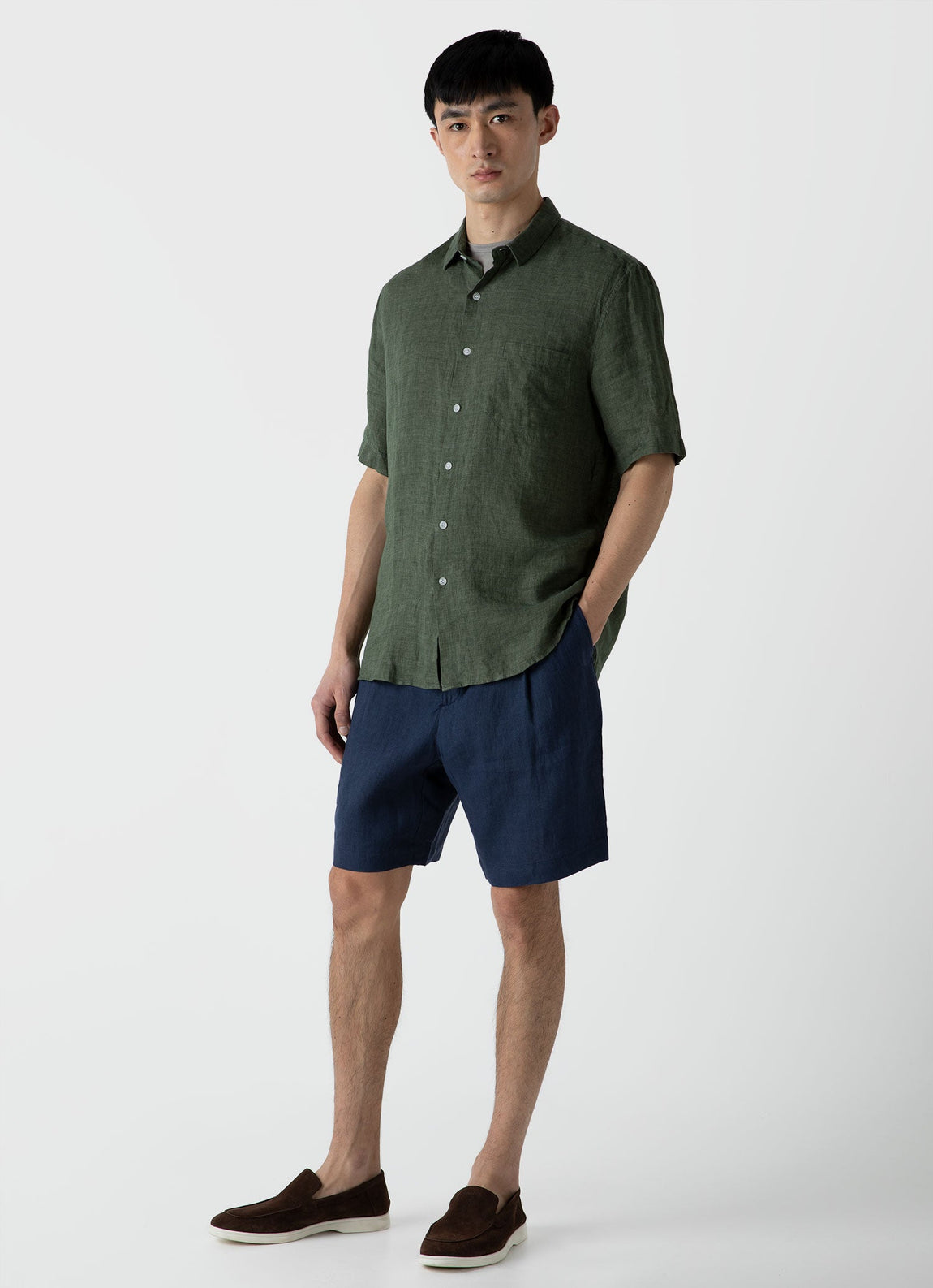 Men's Short Sleeve Linen Shirt in Hunter Green