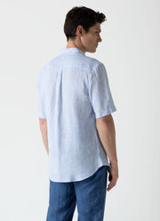 Men's Short Sleeve Linen Shirt in Cool Blue Micro Stripe