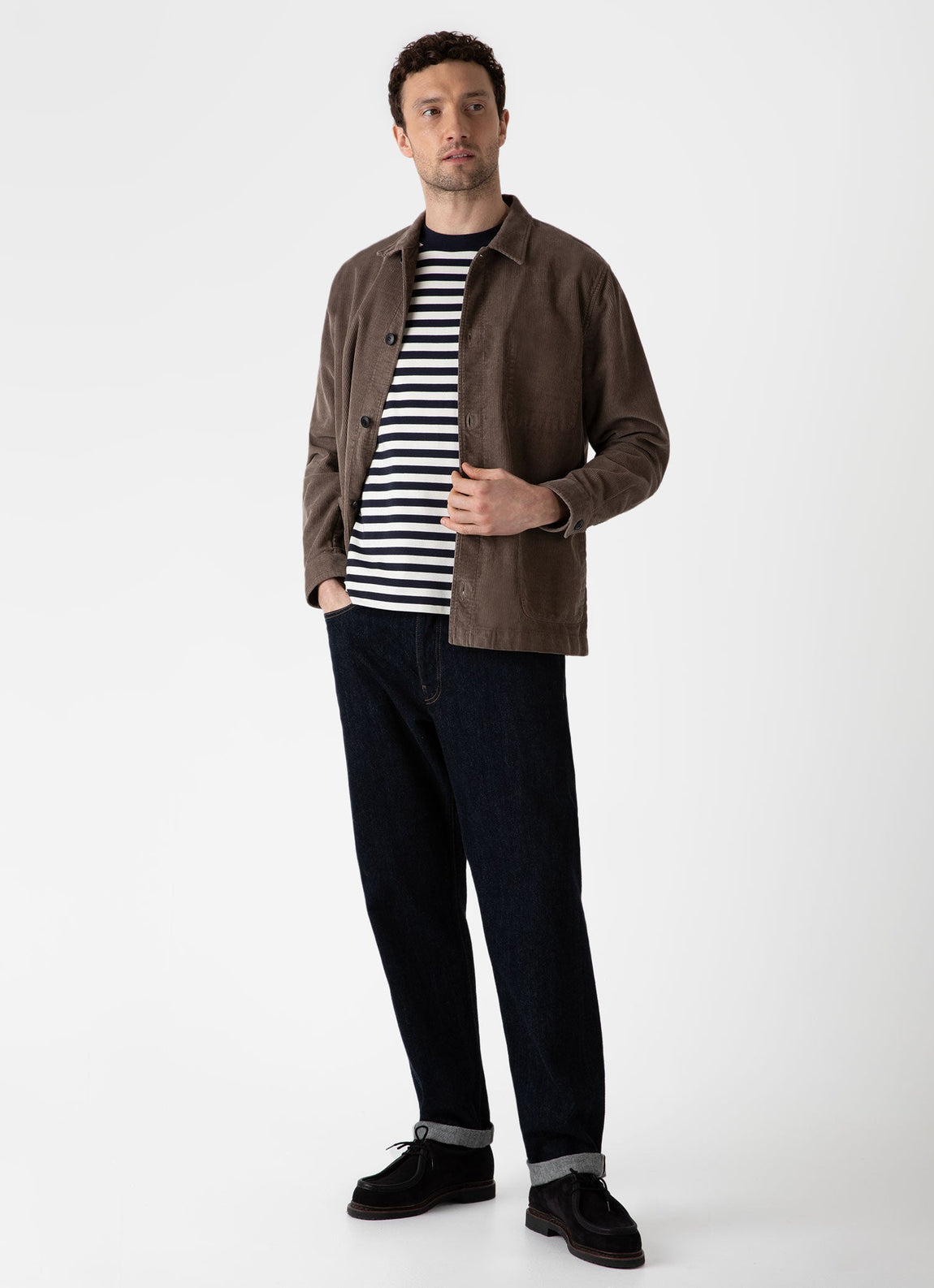 Men's Brushed Cotton T-shirt in Navy/Ecru Block Stripe