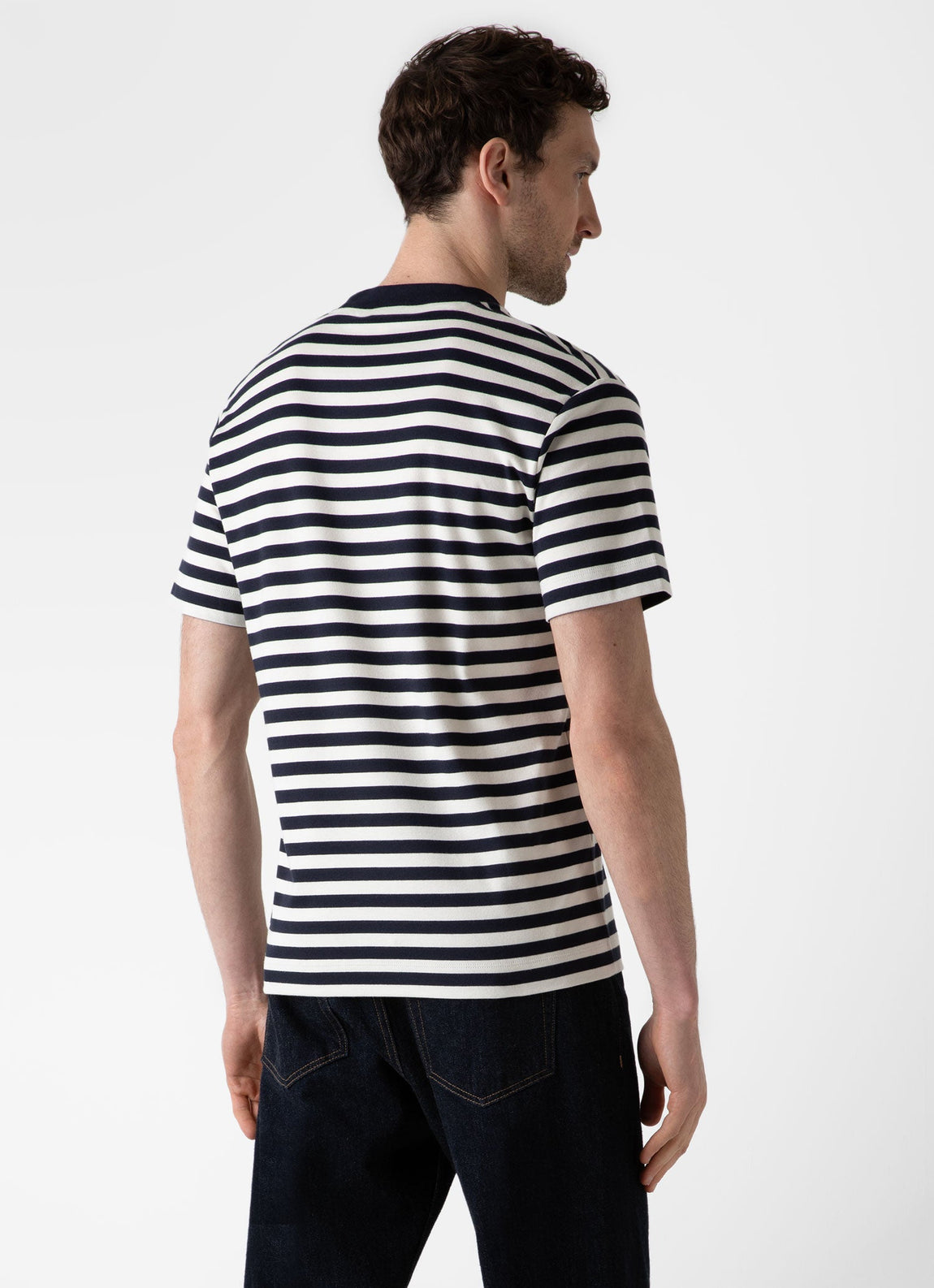 Men's Brushed Cotton T-shirt in Navy/Ecru Block Stripe