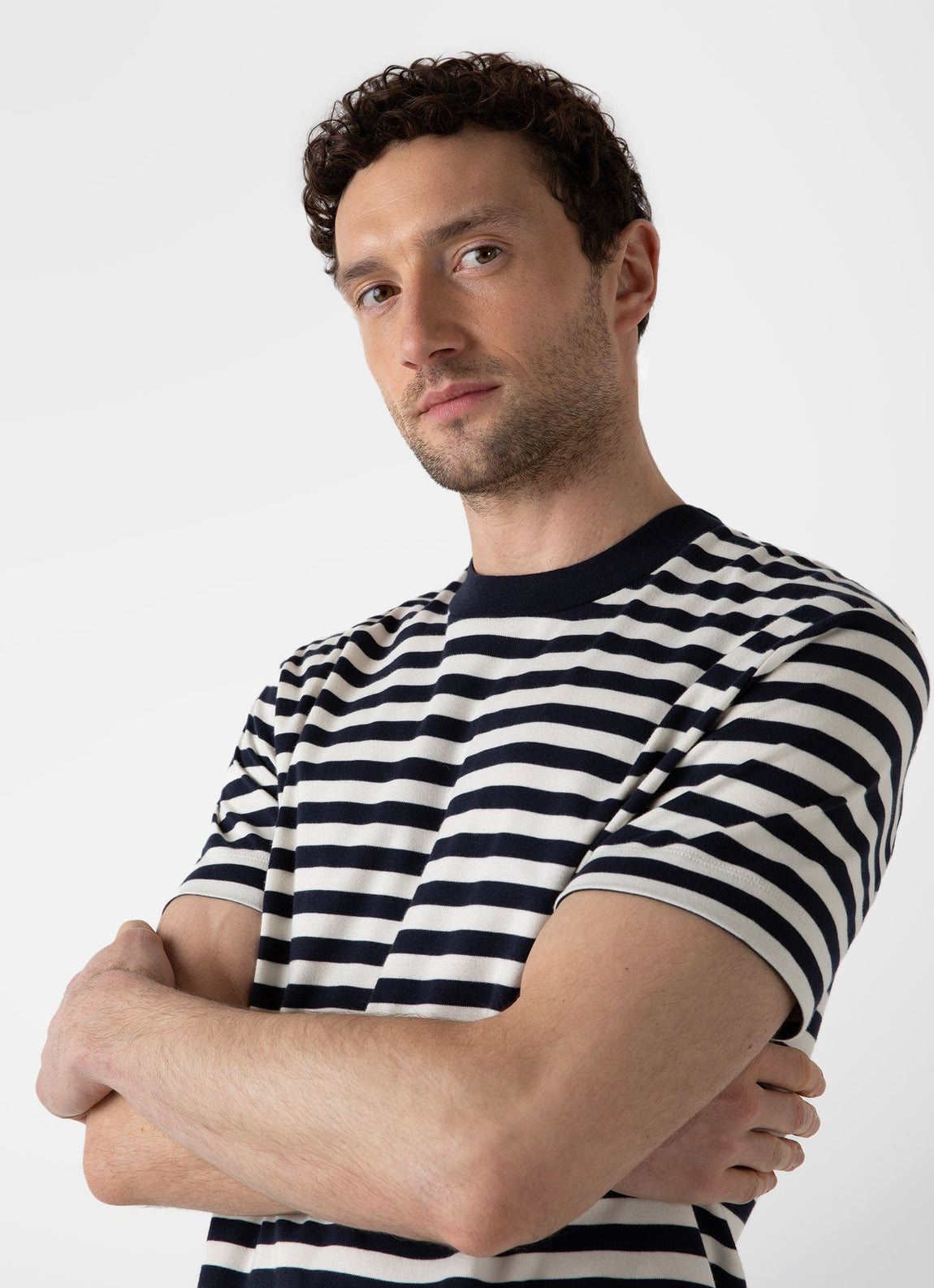Men's Brushed Cotton T-shirt in Navy/Ecru Block Stripe