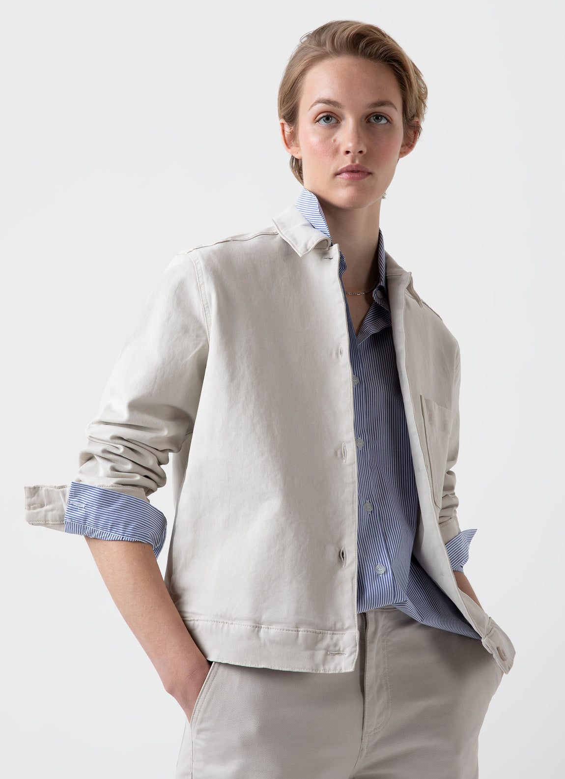 Women's Classic Shirt in White/Blue Bar Stripe