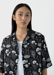 Women's Silk Leaf Print Camp Collar Shirt in Black