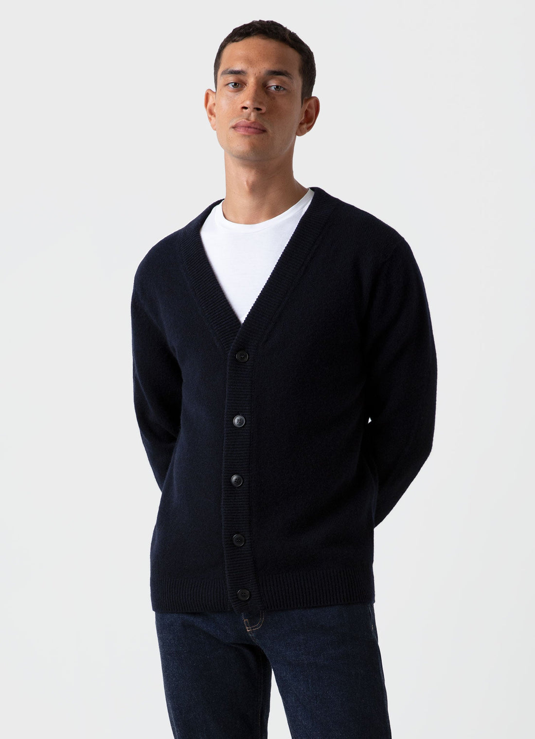 Men's Lambswool Cardigan in Dark Navy Mouline