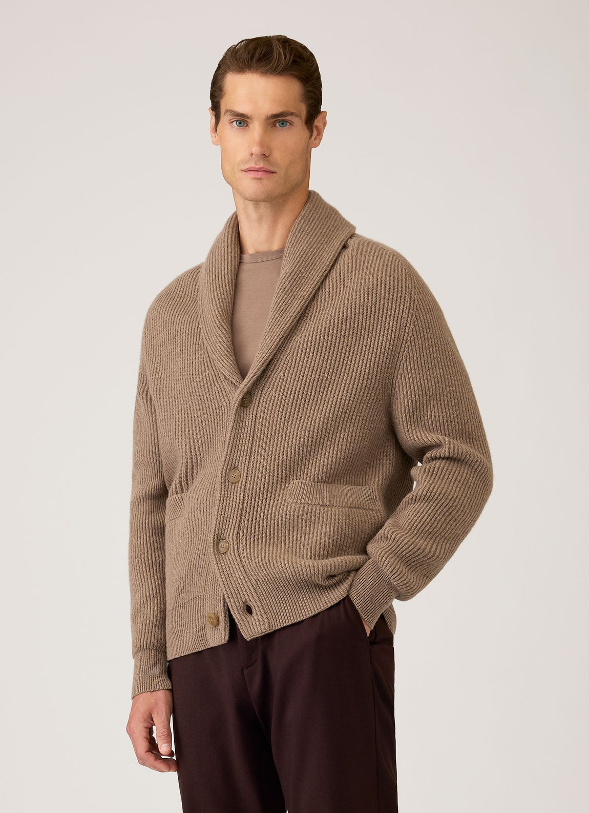 Men's Lambswool Cashmere Shawl Cardigan in Taupe