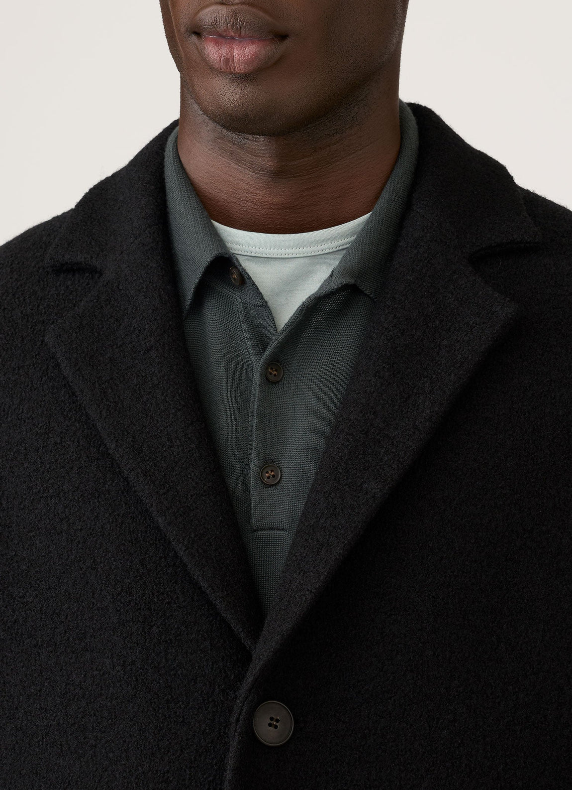 Men's Heavy Boiled Wool Jersey Overcoat in Black