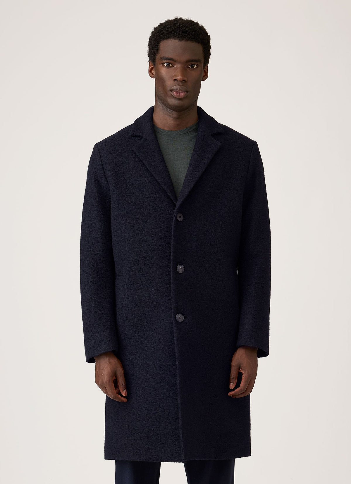 Men's Heavy Boiled Wool Jersey Overcoat in Navy