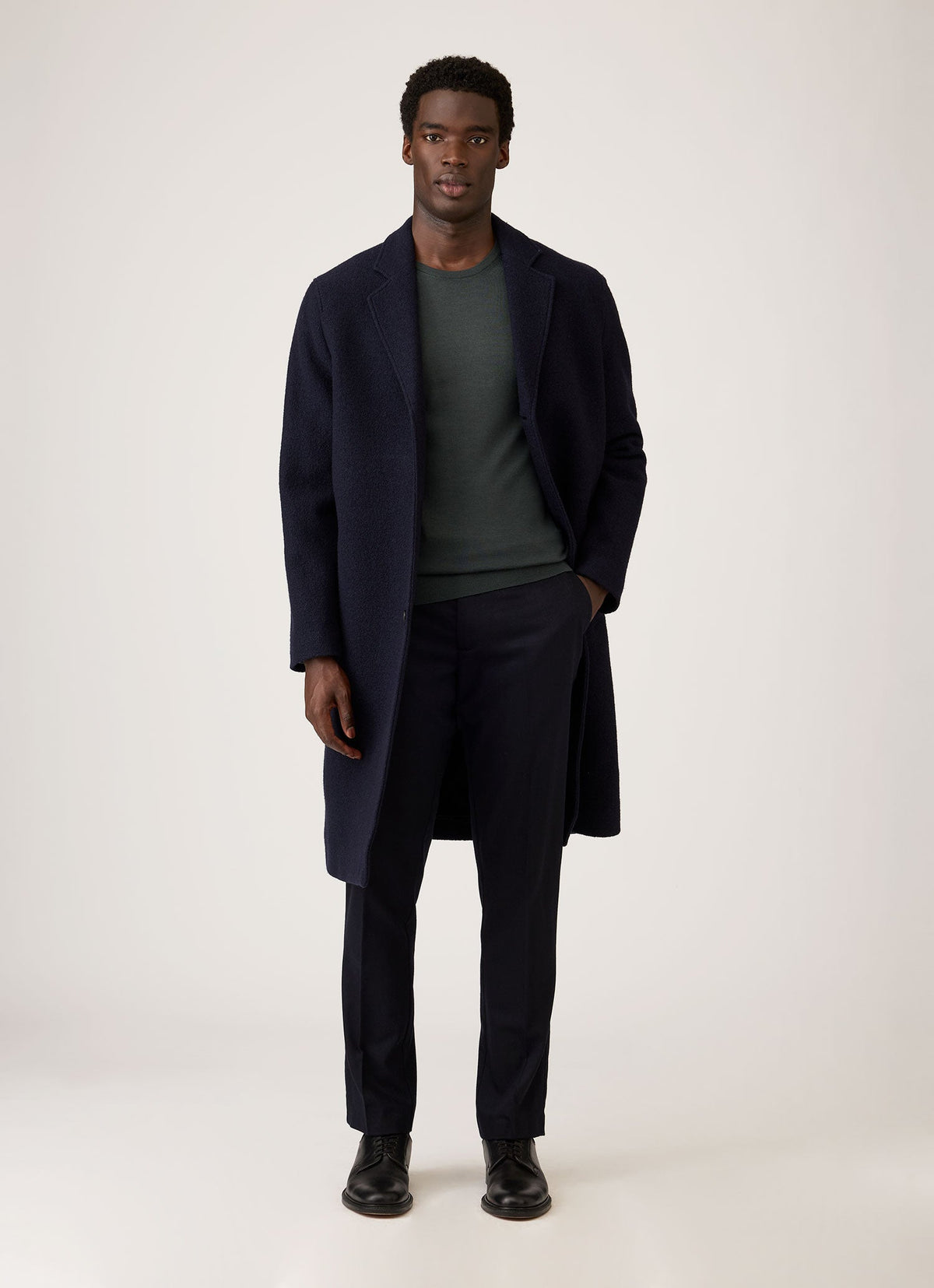 Men's Heavy Boiled Wool Jersey Overcoat in Navy