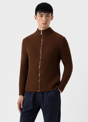 Men's Merino Rib Zip Cardigan in Pecan