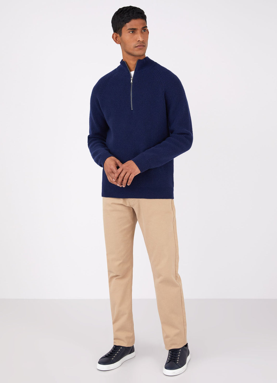 Men's Lambswool Cashmere Zip Neck Jumper in Dark Navy Melange