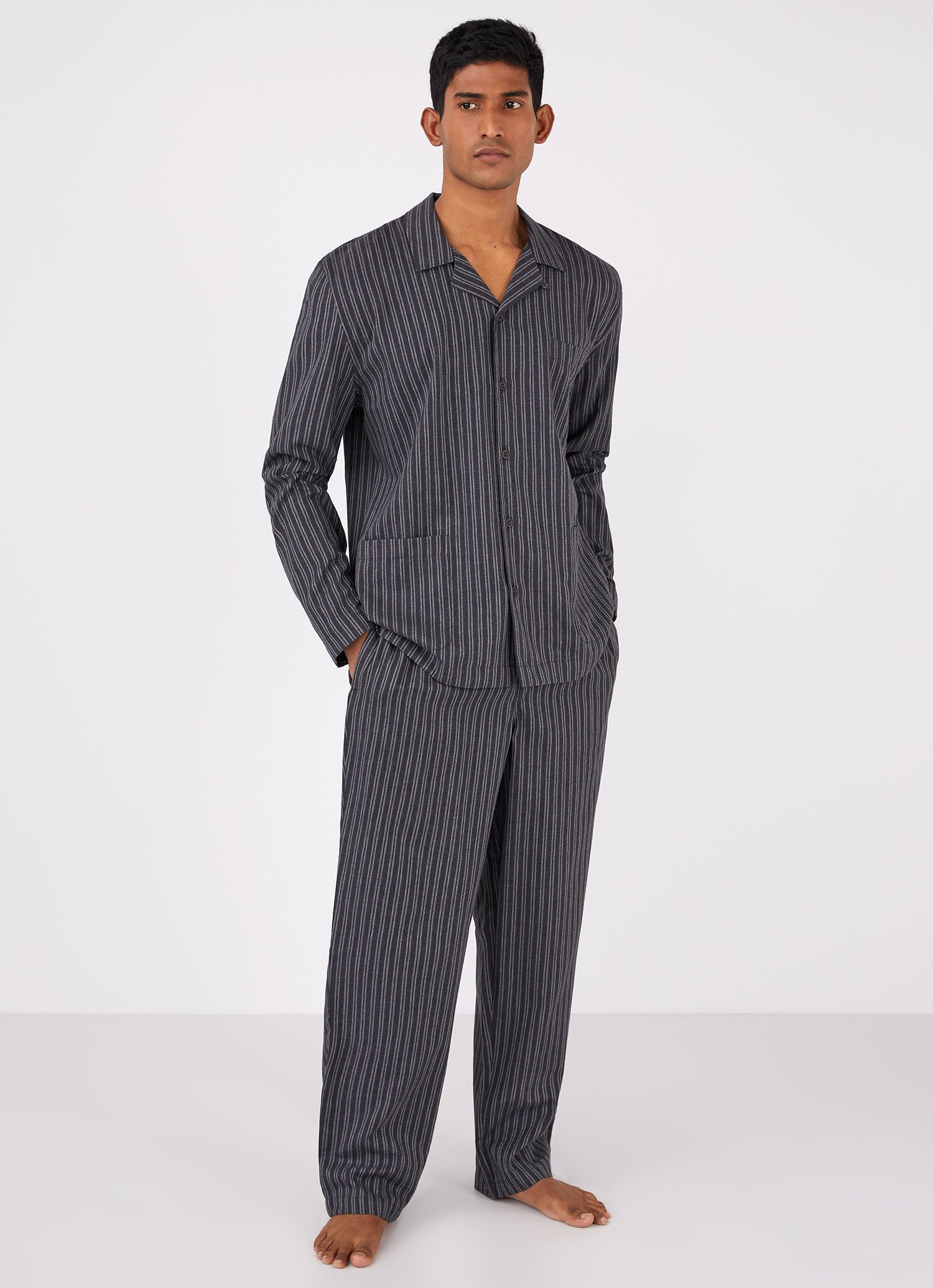Men's Cotton Flannel Pyjama Shirt in Charcoal/Mid Grey Stripe