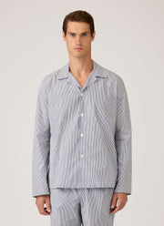 Men's Cotton Poplin Pyjama Shirt in White/Navy/Light Blue