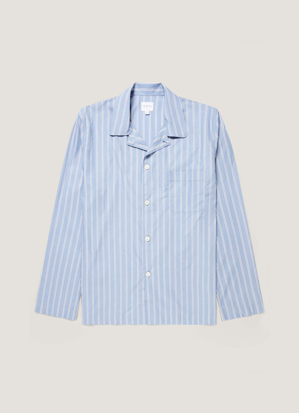 Men's Cotton Poplin Pyjama Shirt in Mid Blue Wide Stripe