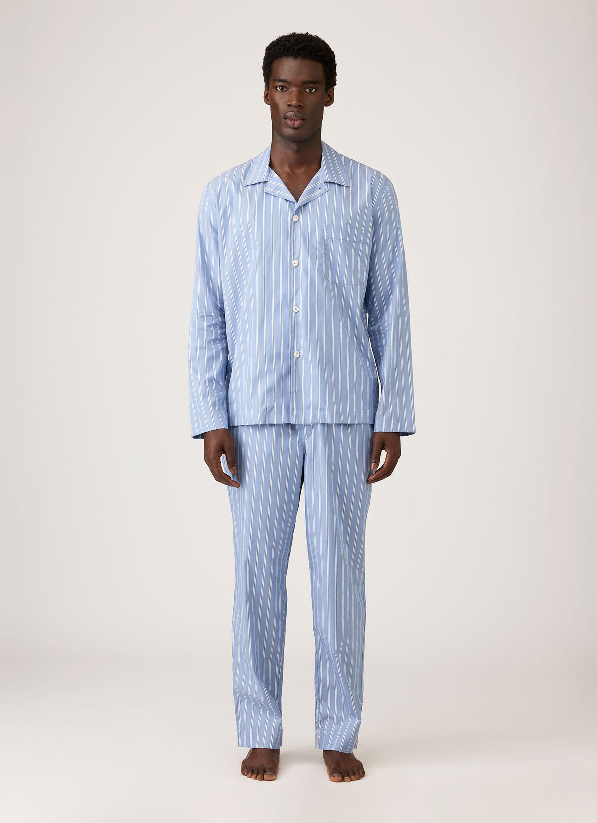 Men's Cotton Poplin Pyjama Shirt in Mid Blue Wide Stripe
