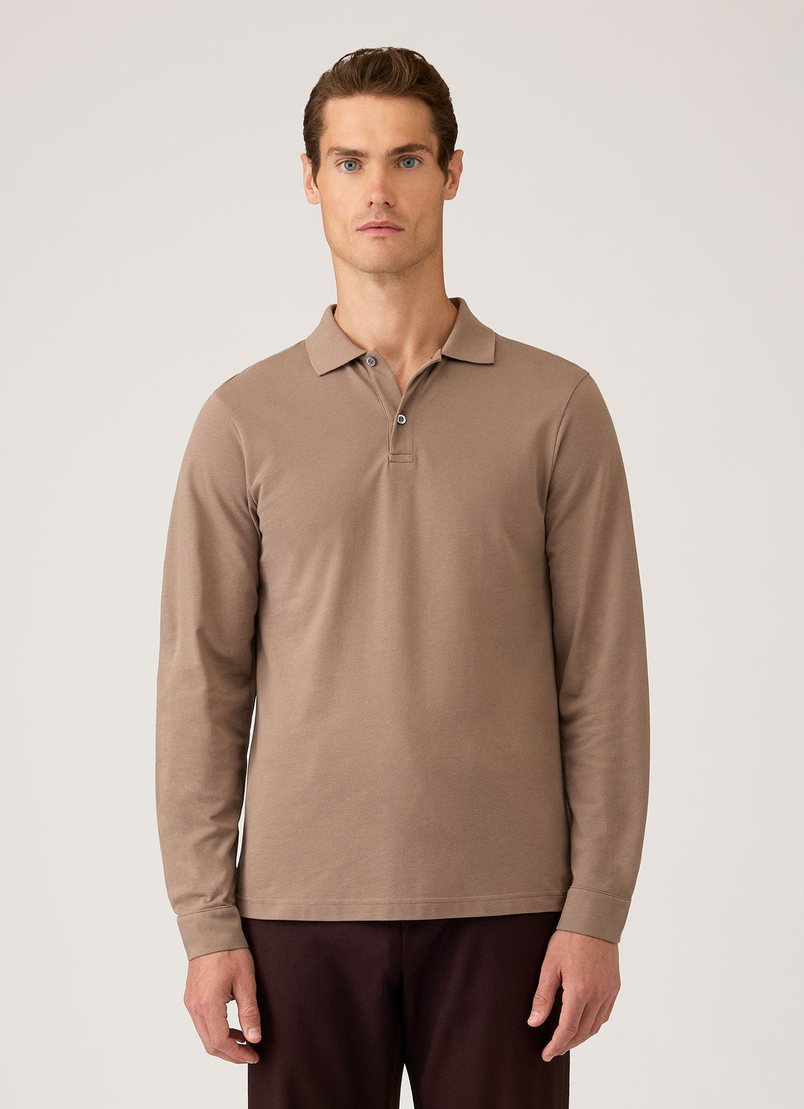 Men's Long Sleeve Piqué Polo Shirt in Taupe