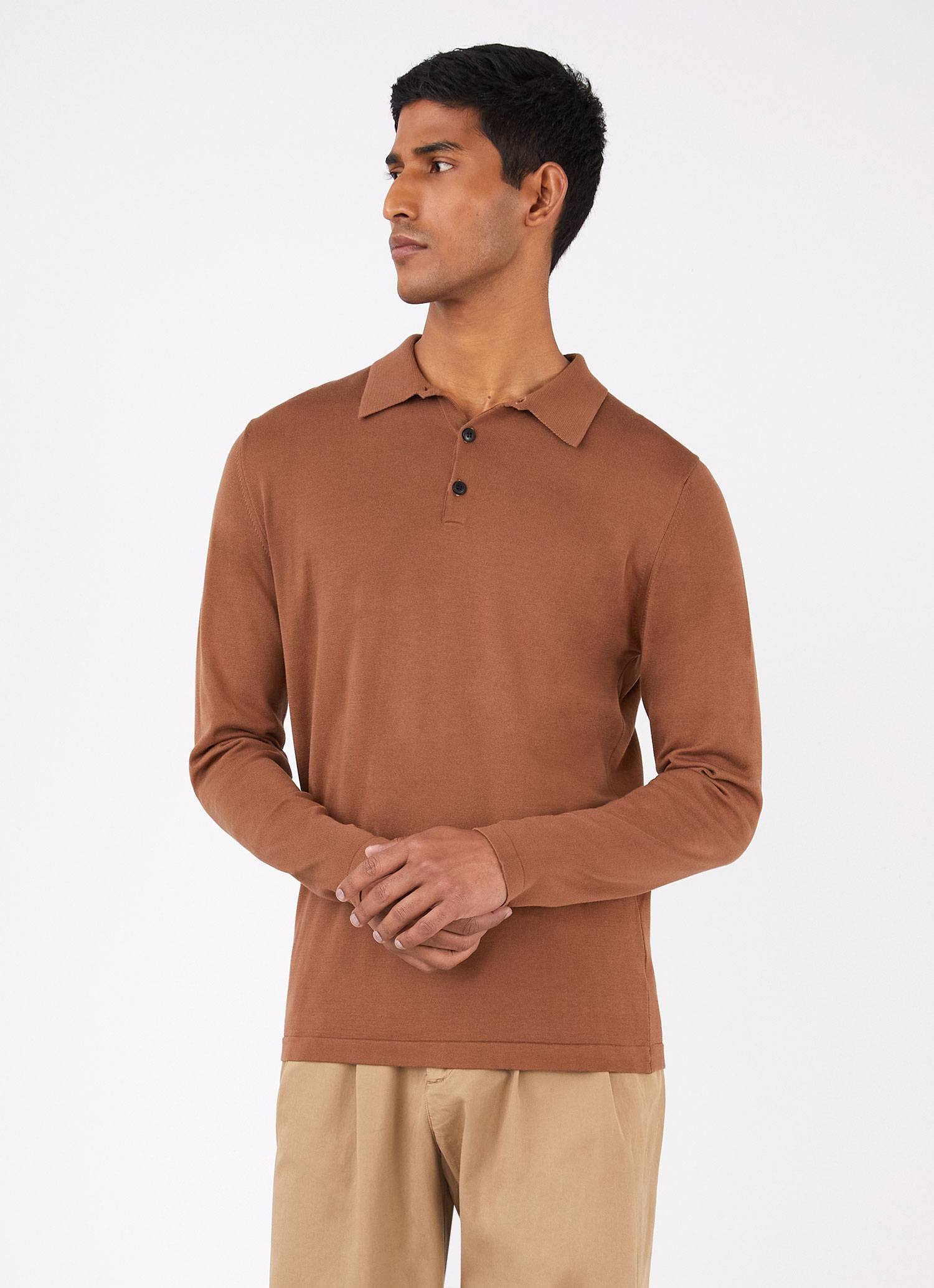 Men's Long Sleeve Sea Island Cotton Knit Polo Shirt in Gingerbread