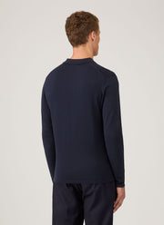 Men's Long Sleeve Sea Island Cotton Knit Polo Shirt in Light Navy
