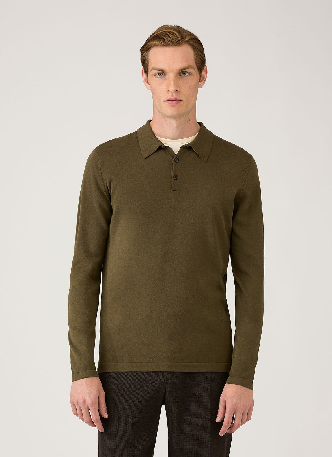 Men's Long Sleeve Sea Island Cotton Knit Polo Shirt in Deep Olive