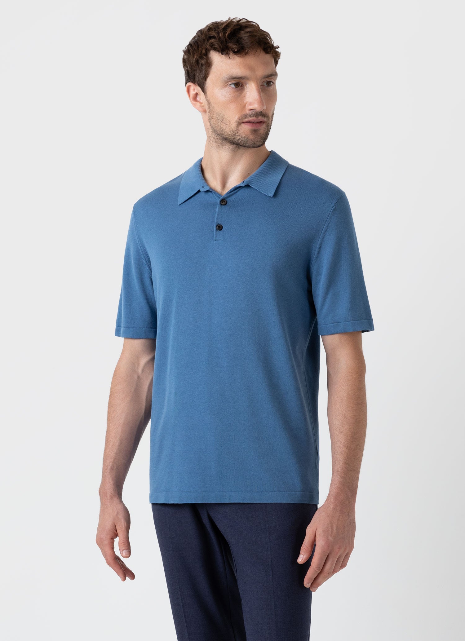 Men's Sea Island Cotton Knit Polo Shirt in Bluestone