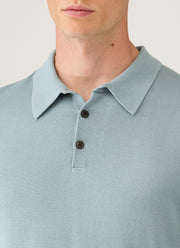 Men's Sea Island Cotton Knit Polo Shirt in Stone Blue