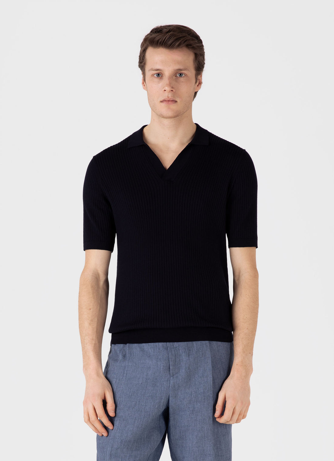 Men's Fine Rib Silk Cotton Polo Shirt in Navy