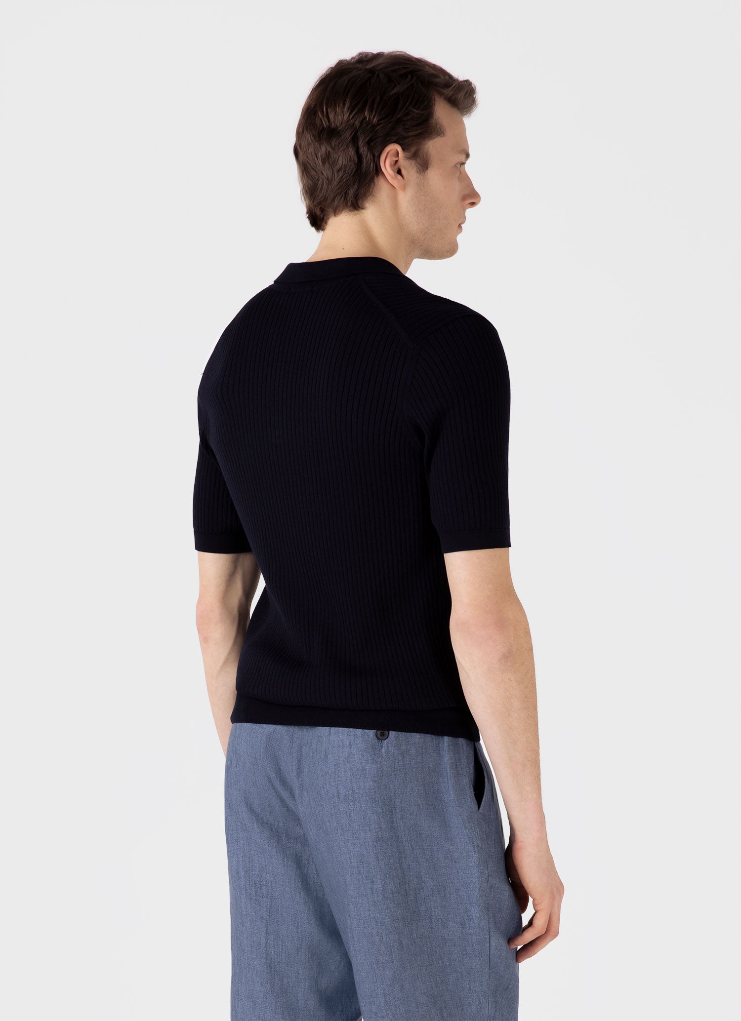 Men's Fine Rib Silk Cotton Polo Shirt in Navy
