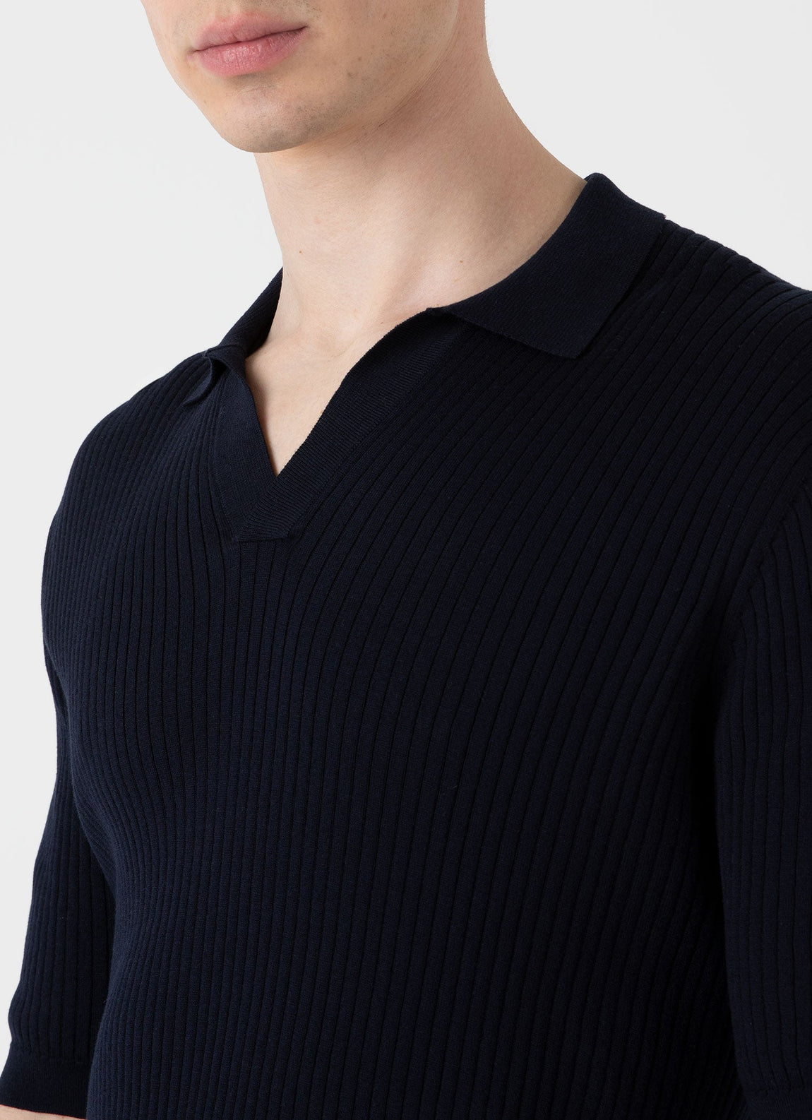 Men's Fine Rib Silk Cotton Polo Shirt in Navy