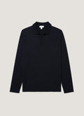 Men's Long Sleeve Fine Rib Silk Cotton Polo Shirt in Navy