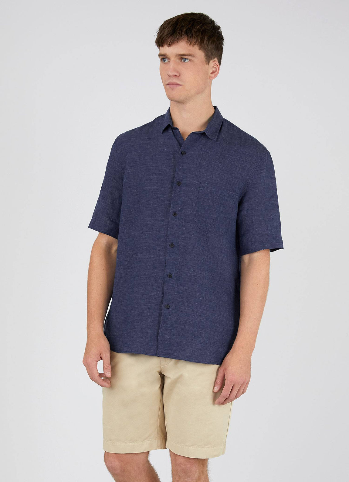 Men's Linen Short Sleeve Shirt in Navy Melange