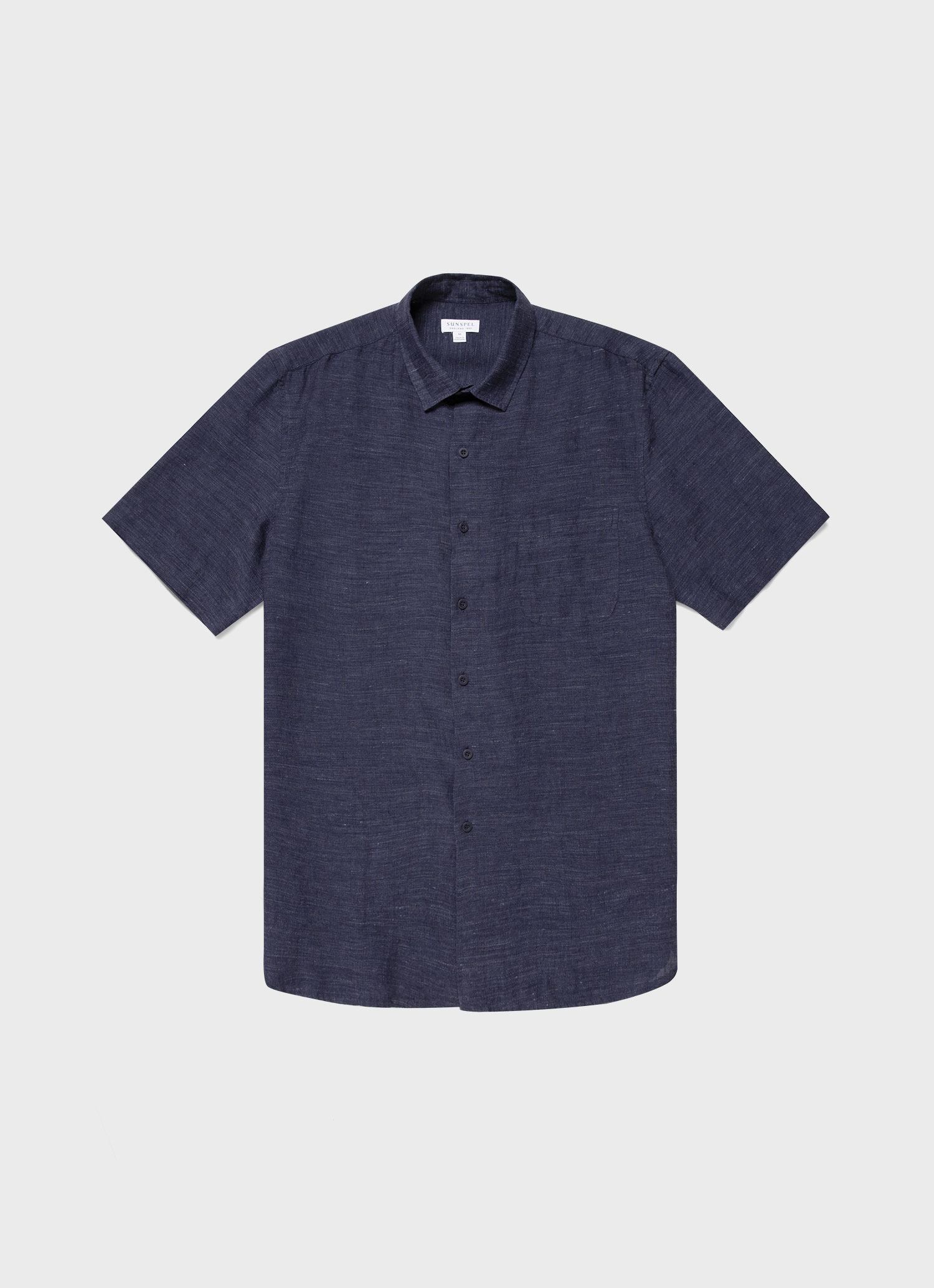Men's Linen Short Sleeve Shirt in Navy Melange