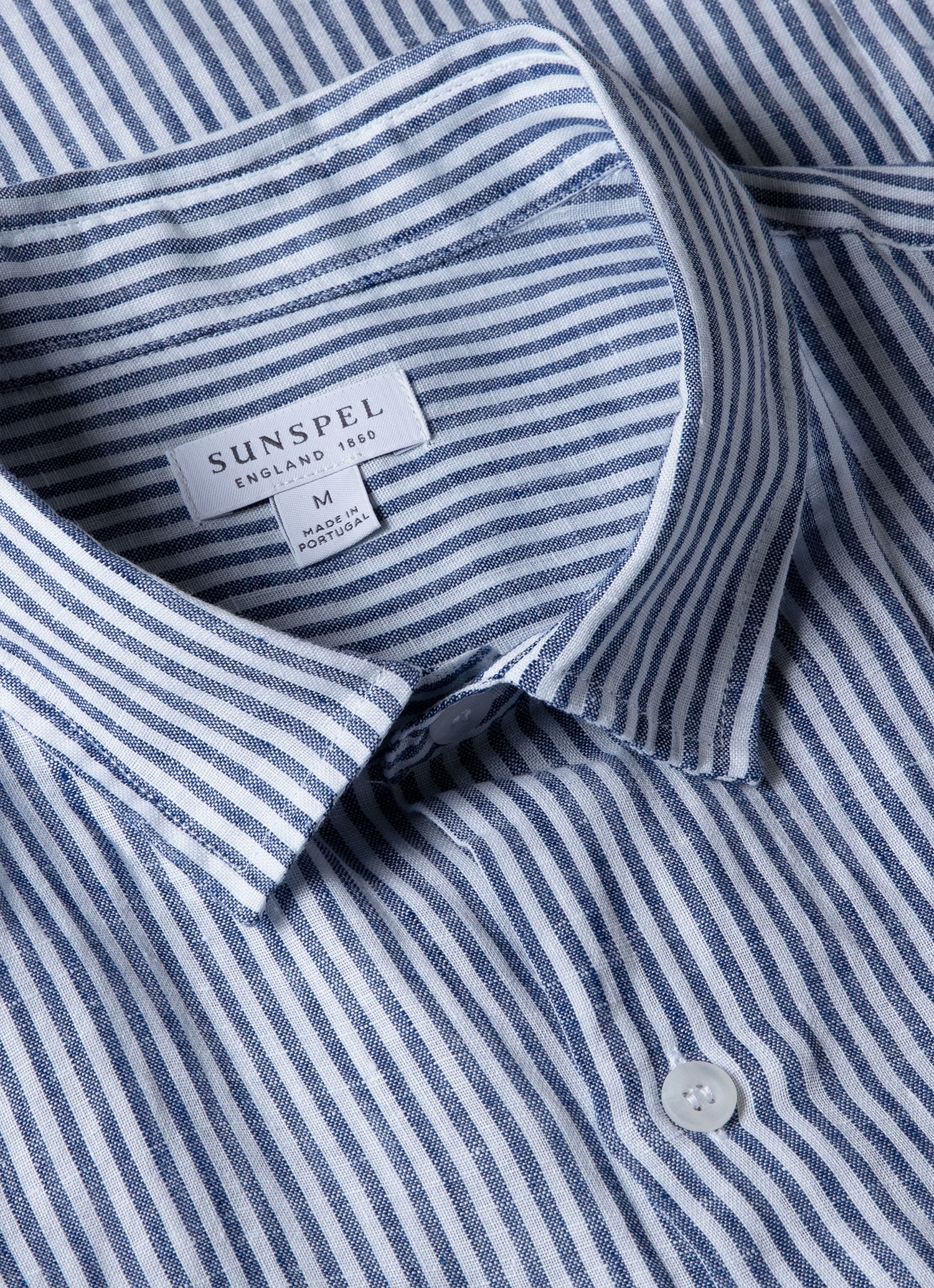 Men's Short Sleeve Linen Shirt in Navy/White Classic Stripe