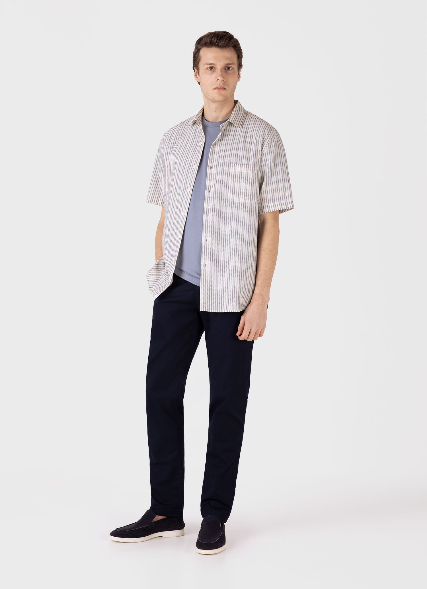 Men's Short Sleeve Vintage Stripe Shirt in Soft Denim/Ecru