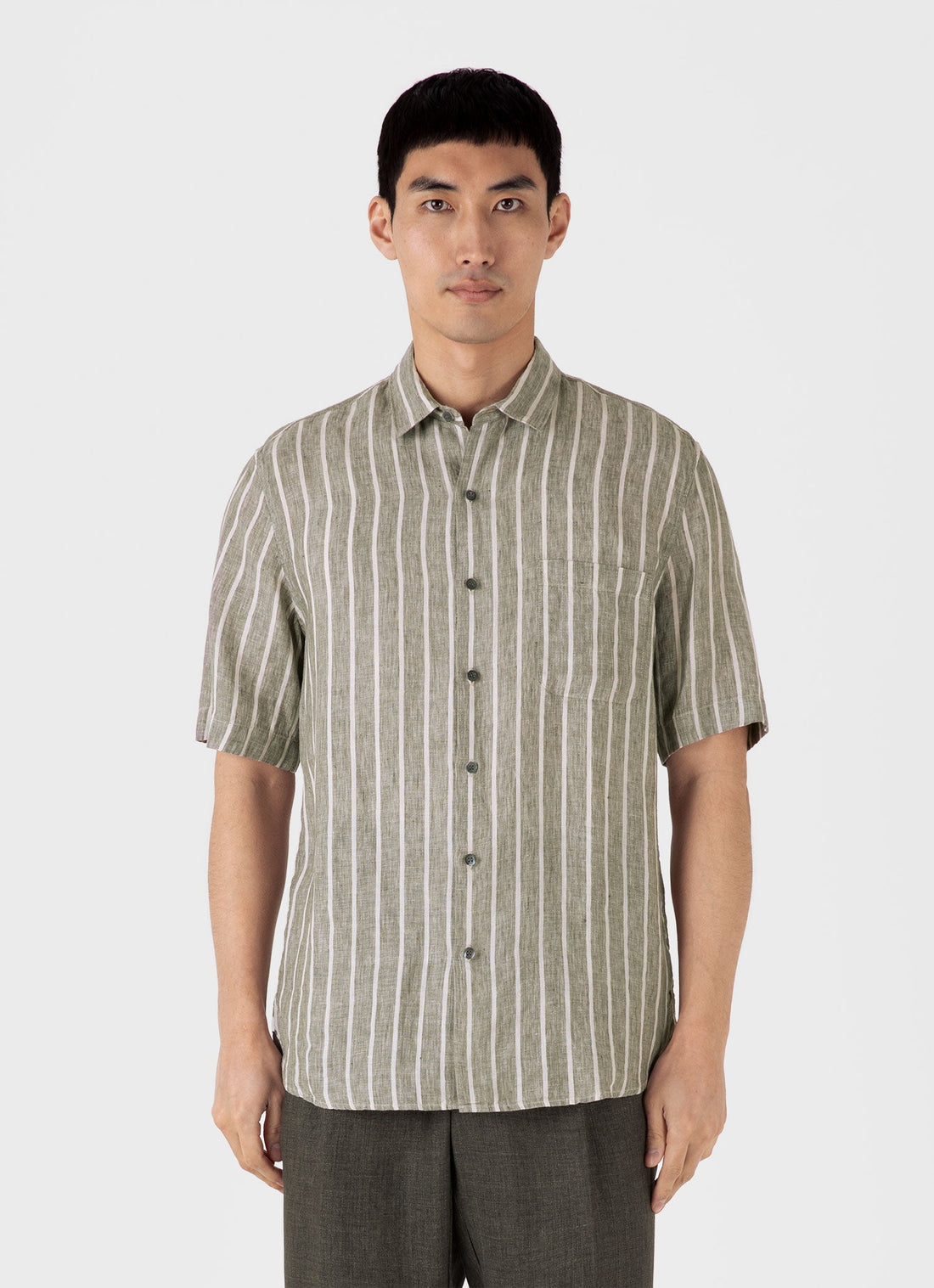 Men's Short Sleeve Linen Shirt in Dusk Green/Ecru