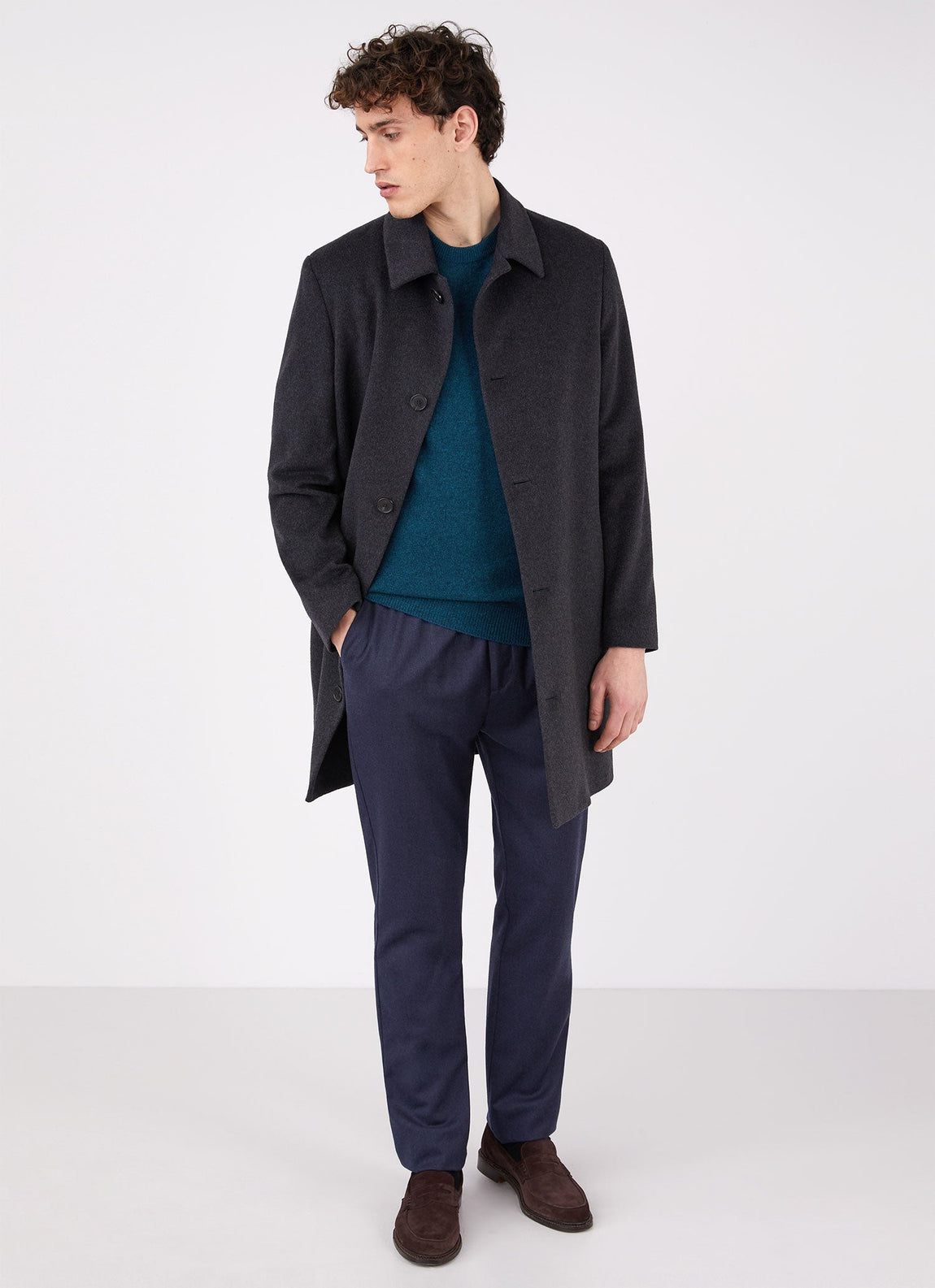 Men's Wool Flannel Drawstring Trouser in Navy Melange