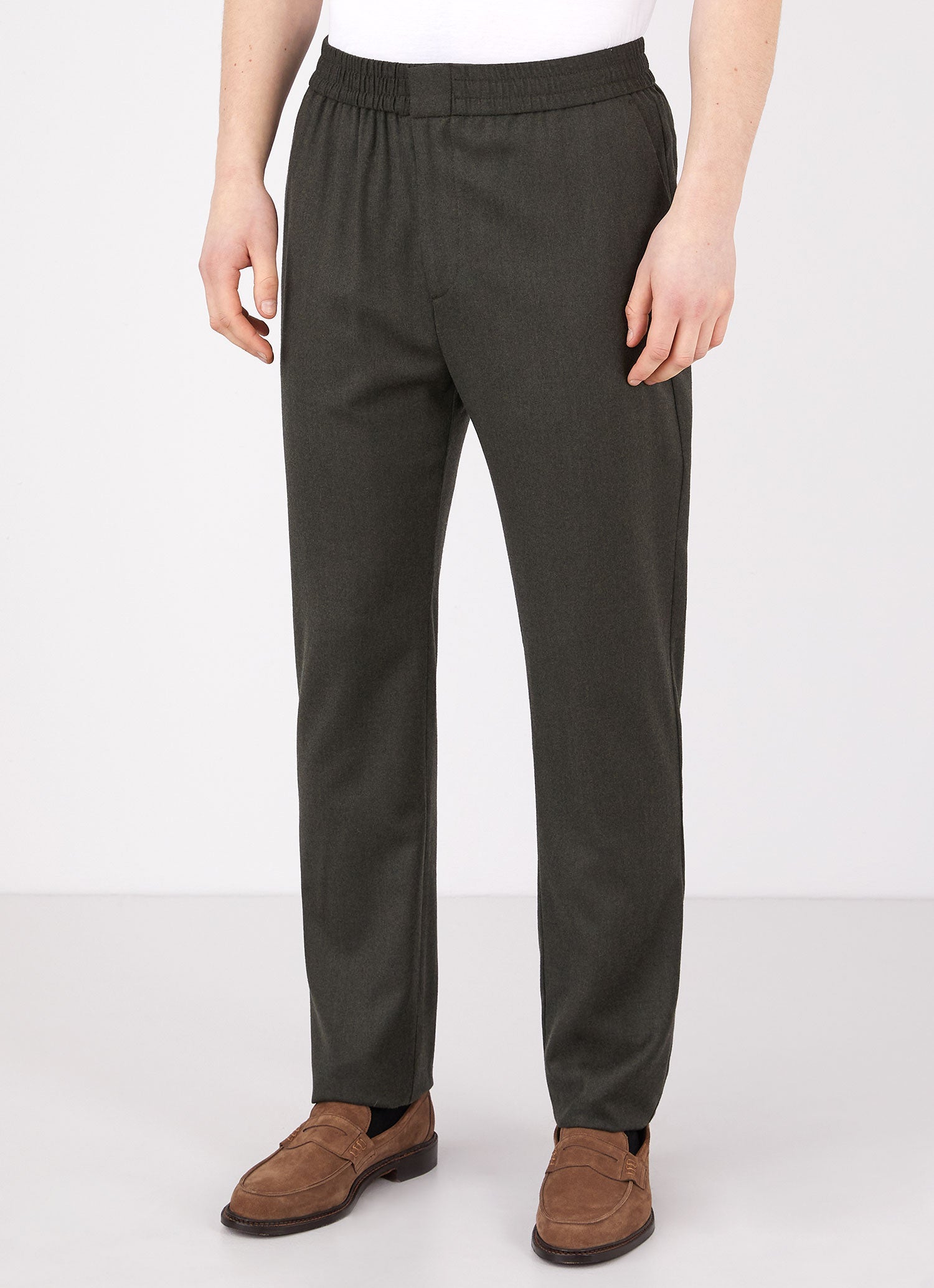 Men's Wool Flannel Drawstring Trouser in Dark Moss Melange