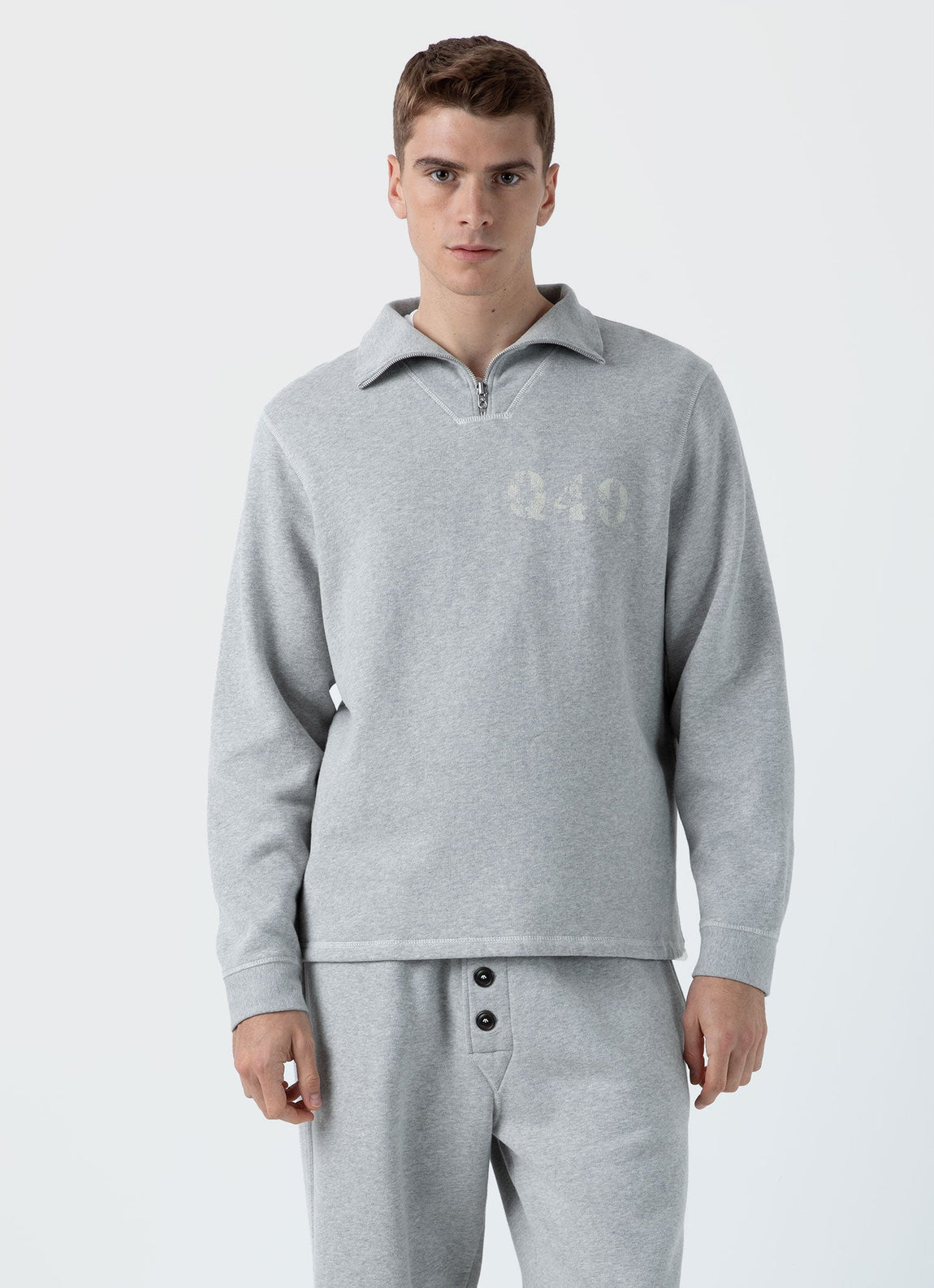 Men's Sunspel x Nigel Cabourn Half Zip Sweatshirt in Light Grey Melange