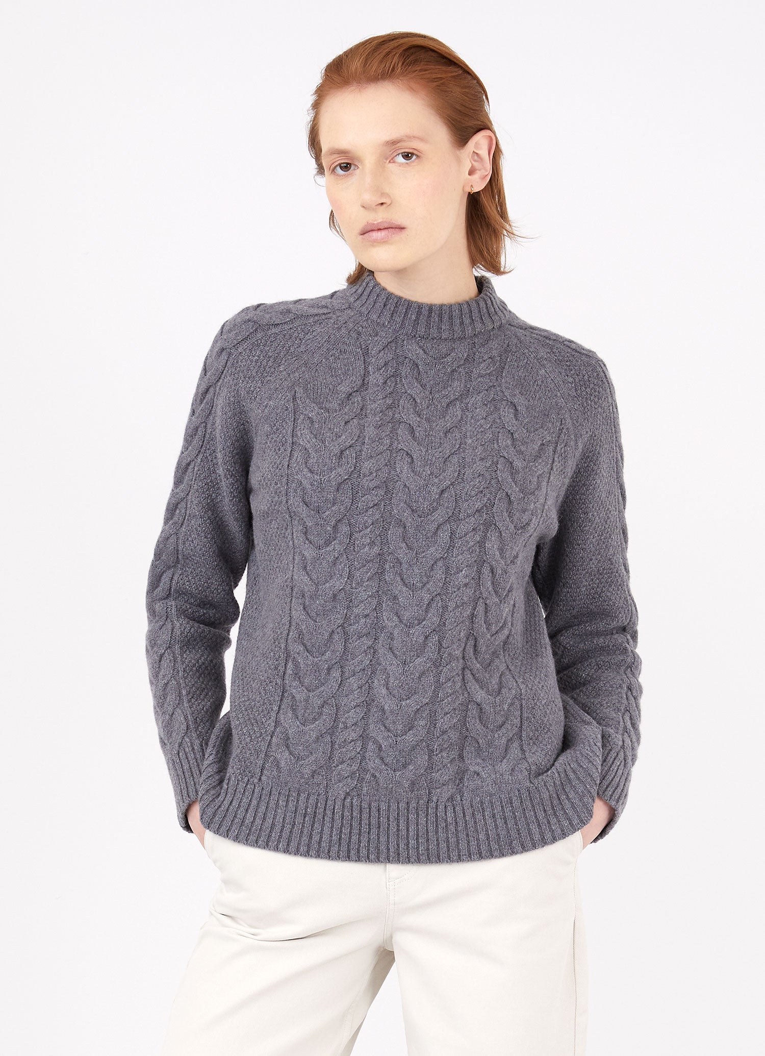 Women's Cable Crew Neck Jumper in Mid Grey Melange