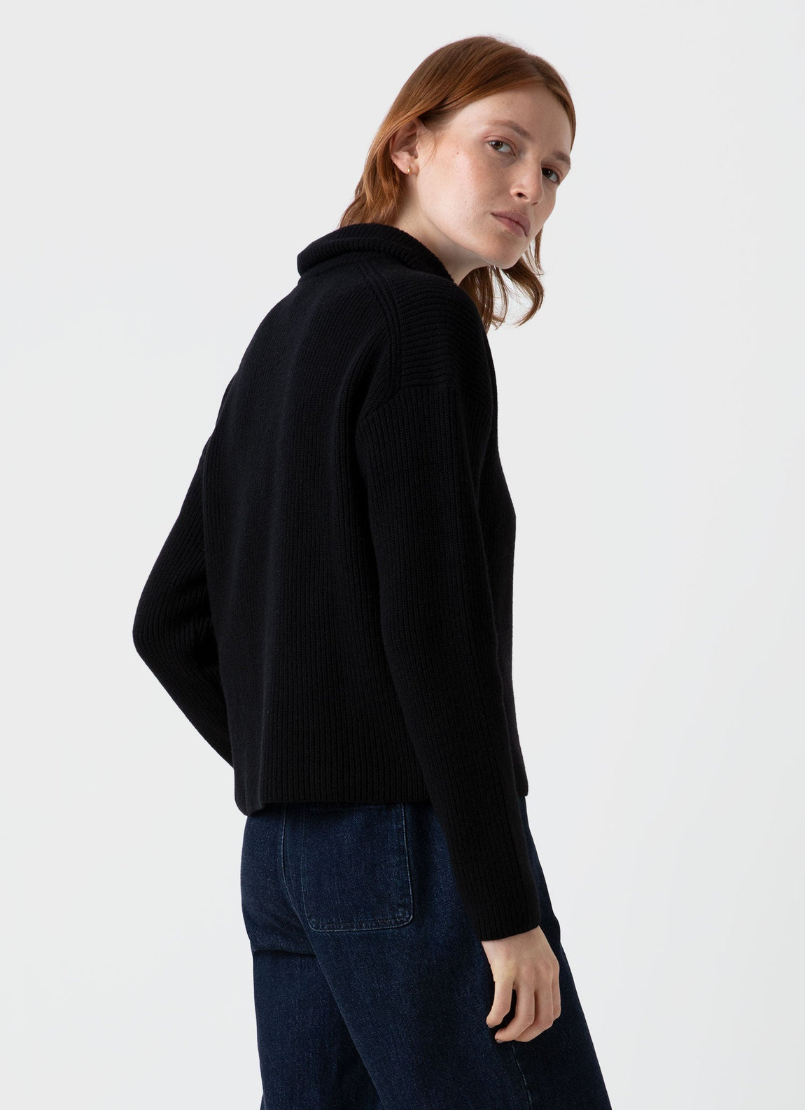 Women's Wool Cashmere Rib Zip Neck in Black