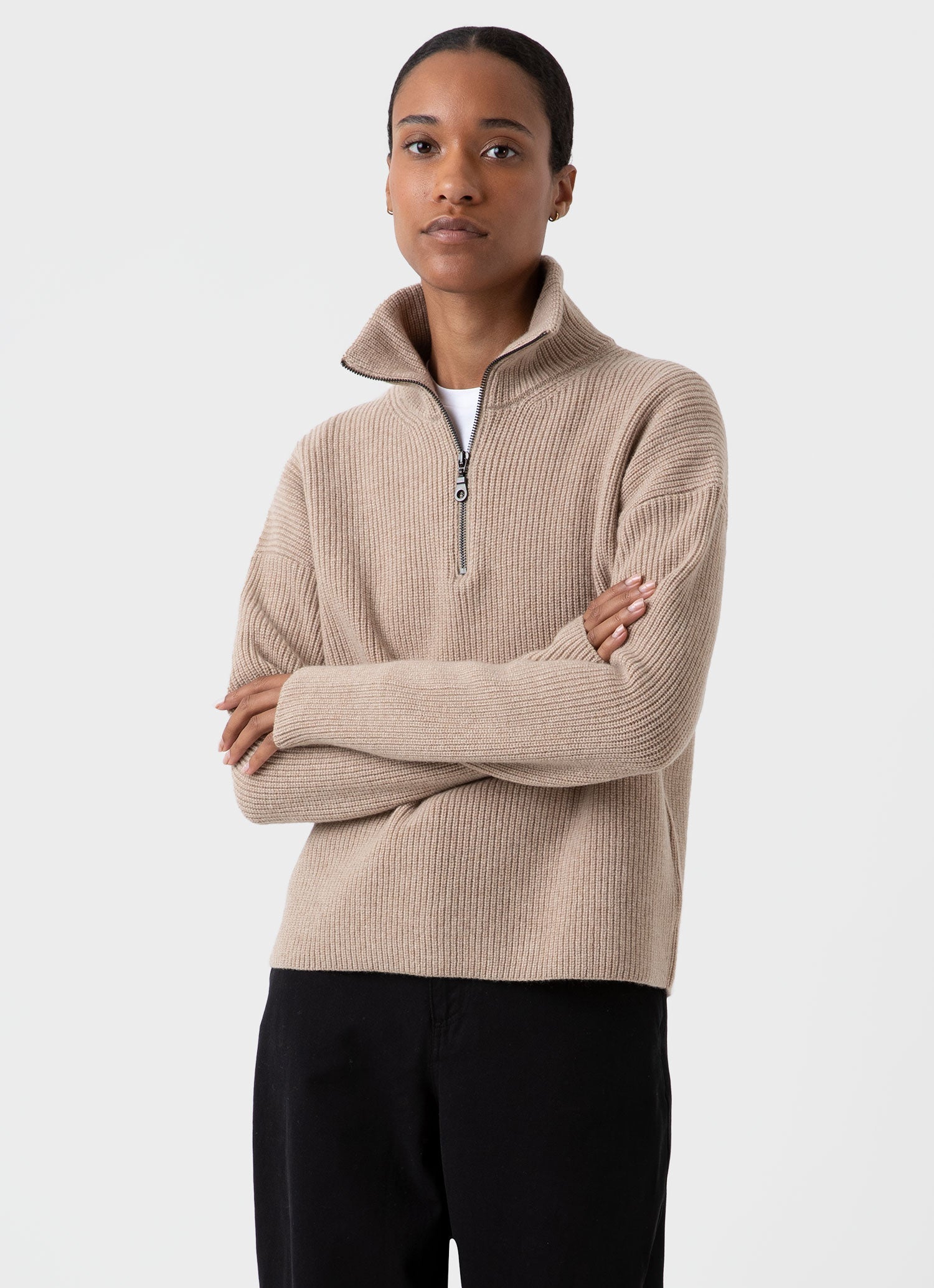 Women's Wool Cashmere Rib Zip Neck in Oatmeal Melange