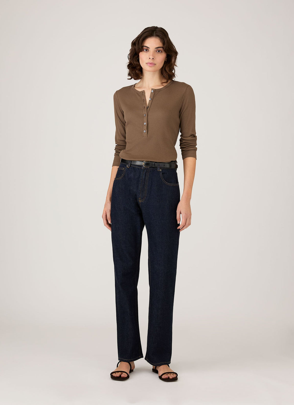 Women's Ribbed Henley in Dark Cedar