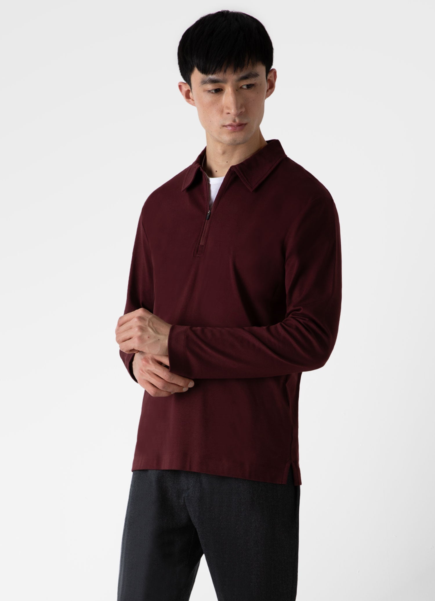 Men's Brushed Cotton Long Sleeve Polo Shirt in Maroon