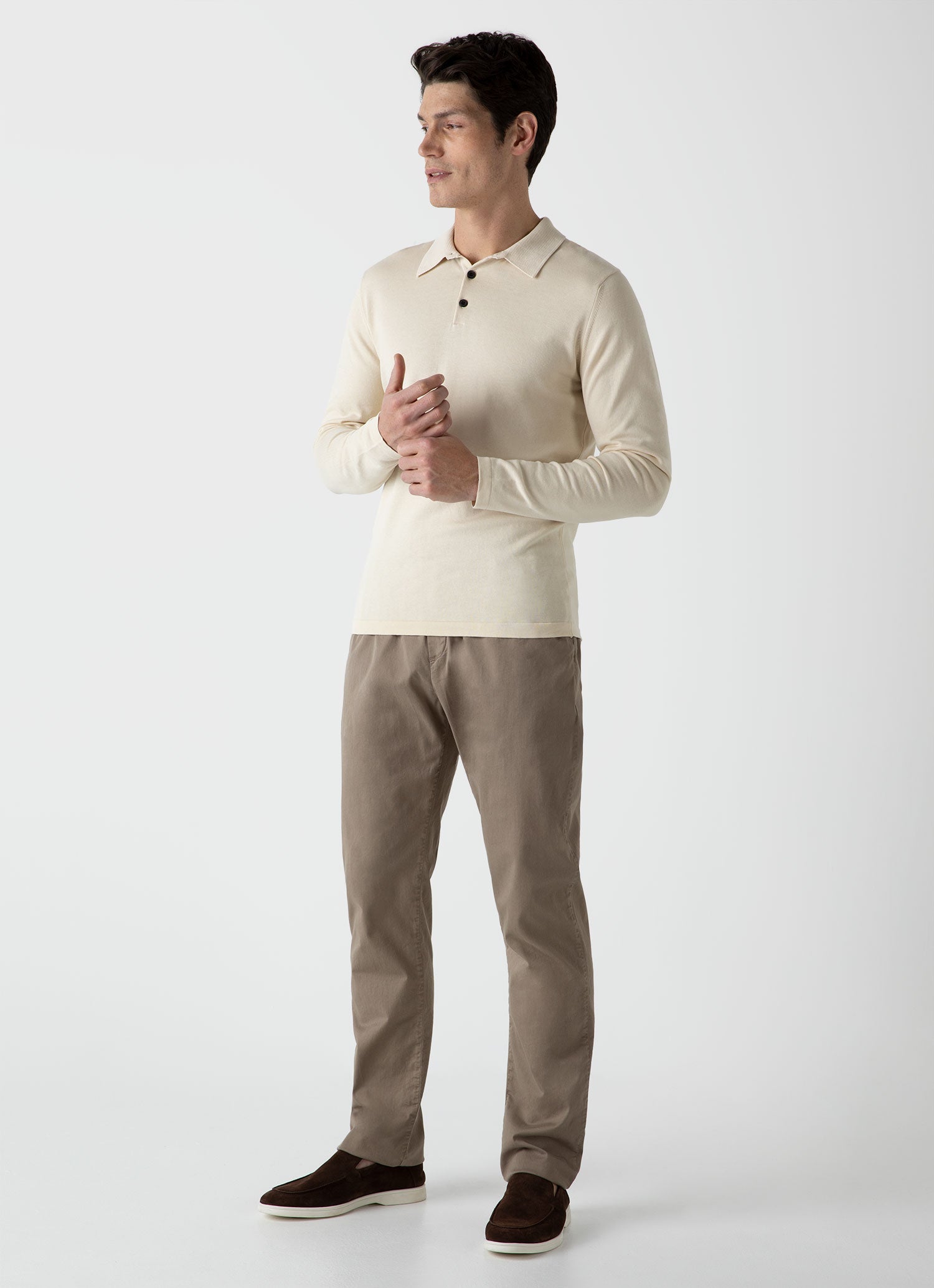Men's Sea Island Cotton Long Sleeve Polo Shirt in Undyed