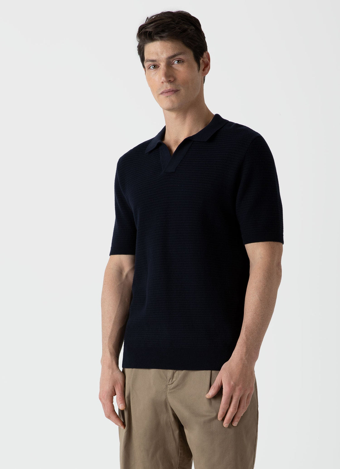 Men's Open Textured Polo Shirt in Navy