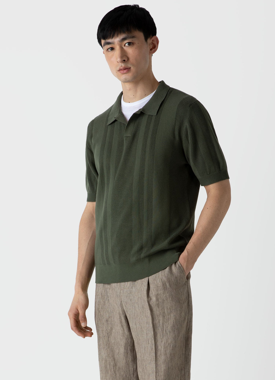 Men's Stripe Knit Polo Shirt in Hunter Green