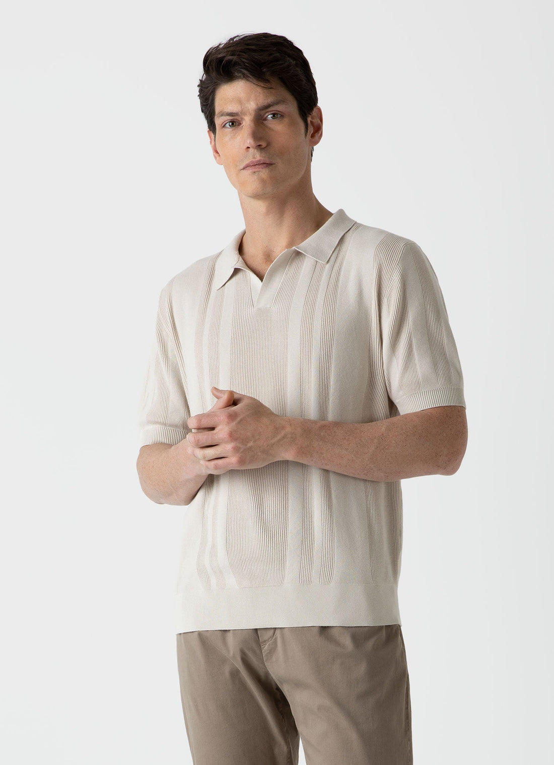 Men's Stripe Knit Polo Shirt in Beige