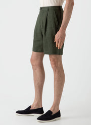 Men's Pleated Linen Short in Hunter Green